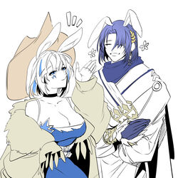  1boy absurdres alchemy_stars amol_0522 animal_ears azure_(alchemy_stars) blue_eyes blue_gloves blue_hair breasts brown_coat brown_headwear choker cleavage closed_eyes coat dress earrings female fingerless_gloves gloves grin hand_up hat highres jewelry large_breasts long_sleeves looking_up notice_lines novio_(alchemy_stars) off_shoulder own_hands_together parted_bangs partially_colored rabbit_ears scarf short_hair sidelocks sleeveless sleeveless_dress smile upper_body 