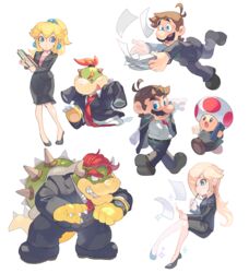  2girls 5boys alternate_costume bad_id bad_twitter_id blonde_hair blue_eyes bowser bowser_jr. brown_hair business_suit carrying cellphone checking_watch closed_mouth earrings formal hoshikuzu_pan jewelry long_hair looking_at_viewer luigi mario mario_(series) multiple_boys multiple_girls mushroom office_lady open_mouth phone ponytail princess_peach reading red_eyes red_hair red_toad_(mario) rosalina sphere_earrings suit surprised talking_on_phone toad_(mario) tripping walking white_background 