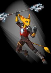  absurd_res anthro armor boots clothing footwear gloves handwear hi_res kaden_(ratchet_and_clank) lombax male mammal omniwrench ratchet_and_clank solo sony_corporation sony_interactive_entertainment stripes sygnatus weapon 