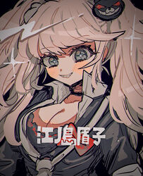  bad_id bad_pixiv_id bear_hair_ornament big_hair black_jacket blonde_hair blue_eyes blush bow breasts cleavage collarbone commentary danganronpa:_trigger_happy_havoc danganronpa_(series) enoshima_junko female grin hair_ornament highres jacket kara_aren large_breasts long_hair long_sleeves looking_at_viewer medium_breasts necktie red_bow school_uniform smile solo translated twintails upper_body 