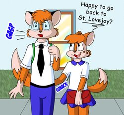  absurd_res anthro bottomwear brother_(lore) butt_slap canid canine clothed clothing duo edna_(school_days) edward_(school_days) english_text eyewear female fox glasses hi_res incest_(lore) incest_play lucyhaupdarsteller male male/female mammal miniskirt school_days sibling_(lore) sister_(lore) skirt slap smack smacking_ass text young young_anthro 