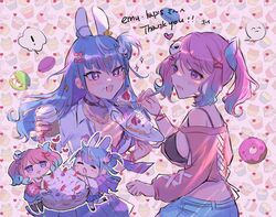  ! 2girls animal_ears blue_hair breasts cake commission doughnut emu_lapis_(vtuber) english_commentary food ghost_hair_ornament gradient_hair heart highres hoi_(hooo_60) holding holding_plate lumilive medium_breasts multicolored_hair multiple_girls off-shoulder_sweater off_shoulder open_mouth orange_sweater pink_hair plate purple_eyes rabbit_ears rabbit_girl reiyu_guigui second-party_source skeb_commission smile spoken_exclamation_mark sweater twintails virtual_youtuber 