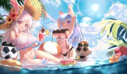  2girls absurdres alwaysissac anshan_(warship_girls_r) bikini blue_bikini blue_hair blue_sky breasts changchun_(warship_girls_r) commentary day hat highres innertube large_breasts long_hair multiple_girls navel one_eye_closed outdoors purple_eyes red_eyes reshitelny_(warship_girls_r) sky straw_hat sun_hat swim_ring swimsuit warship_girls_r water white_hair 