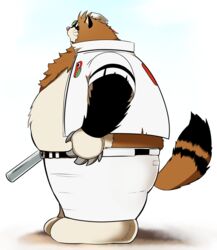  2020 96_gatefield anthro backwards_baseball_cap backwards_hat baseball_(sport) baseball_bat baseball_cap baseball_uniform bat_(object) belly big_belly bottomwear brown_body brown_fur canid canine clothed clothing dorabase doraemon fur hat headgear headwear hi_res kemono mammal open_clothing open_shirt open_topwear overweight pants pokoemon_(character) raccoon_dog shirt solo sport sportswear tanuki topwear uniform 