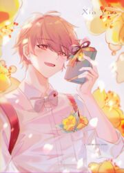  1boy :d bow bowtie brown_eyes brown_hair character_name flower gift highres holding holding_gift looking_at_viewer luke_pearce_(tears_of_themis) male_focus nana895 open_mouth polo_shirt shirt short_hair sleeves_rolled_up smile solo tears_of_themis white_background white_bow white_bowtie white_shirt yellow_flower 