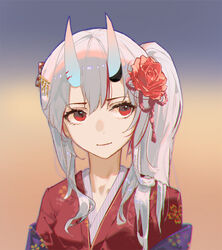  alternate_costume asymmetrical_hair breasts cauchyconjugacy chromatic_aberration closed_mouth commentary eyelashes facing_viewer female floral_print flower gradient_background grey_background hair_between_eyes hair_flower hair_ornament hololive horns japanese_clothes kimono light_smile long_hair looking_to_the_side multicolored_hair nakiri_ayame nakiri_ayame_(new_year) official_alternate_costume official_alternate_hairstyle orange_background portrait red_eyes red_flower red_hair red_kimono sakuramon side_ponytail skin-covered_horns small_breasts smile solo streaked_hair two-tone_background two-tone_hair virtual_youtuber white_hair 