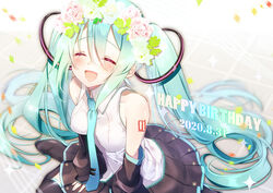  :d aqua_hair bare_shoulders black_skirt black_sleeves blush breasts closed_eyes commentary dated detached_sleeves female hair_between_eyes happy_birthday hatsune_miku head_wreath long_hair maronie. medium_breasts necktie number_tattoo open_mouth pleated_skirt shirt shoulder_tattoo sitting skirt sleeveless sleeveless_shirt smile solo tattoo twintails very_long_hair vocaloid white_shirt 