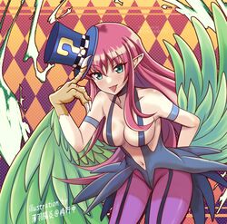  artist_name bare_shoulders breasts claws colored_skin duel_monster feathered_wings female green_eyes harpie_lady harpie_lady_1 harpy hat highres holding holding_clothes holding_hat large_breasts long_hair magical_hats_(yu-gi-oh!) monster_girl pantyhose pointy_ears red_hair slingshot_swimsuit solo standing swimsuit tongue tongue_out top_hat usuba_kagerou_(shougyouchu) winged_arms wings yu-gi-oh! 