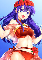  :d bare_shoulders bikini blue_background blue_eyes blue_hair blue_sky breasts cleavage_cutout clothing_cutout commentary_request cowboy_shot day female fire_emblem fire_emblem:_the_binding_blade fire_emblem_heroes flower frills gradient_background head_wreath jurge lilina_(fire_emblem) lilina_(summer)_(fire_emblem) long_hair navel o-ring open_mouth outdoors red_flower simple_background sky small_breasts smile solo stomach swimsuit w_arms waist_cape 