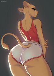  absurd_res animalympics anthro ass athletic athletic_female big_butt bottomwear clothing dolphin_shorts felid female hi_res kit_mambo lion looking_at_viewer looking_back looking_back_at_viewer mammal pantherine rear_view shirt shorts solo topwear xensoi 