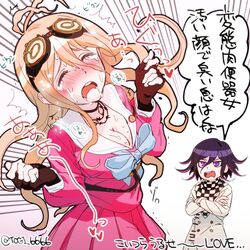  1boy abuse barbed_wire black_choker blue_bow blue_bowtie blush bow bowtie breasts brown_gloves buttons choker cleavage commentary crossed_arms danganronpa_(series) danganronpa_v3:_killing_harmony double-breasted female fingerless_gloves gloves grey_background grey_jacket iruma_miu jacket large_breasts long_hair masochism multicolored_hair oma_kokichi pink_hair pink_shirt pink_skirt pleated_skirt purple_hair sailor_collar saliva shirt skirt speech_bubble tears teeth togi9999 translated two-tone_hair upper_teeth_only white_sailor_collar 