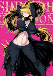  absurdly_long_hair alternate_breast_size alternate_hair_length alternate_hairstyle arms_up black_coat black_pants blonde_hair bouncing_breasts breasts cleavage coat collarbone commentary constricted_pupils cowboy_shot cynthia_(pokemon) detached_collar english_text female fur-trimmed_coat fur_collar fur_trim grin hair_lift hair_ornament hair_over_one_eye hands_in_hair head_tilt highres huge_breasts impossible_clothes jacket jojo_pose long_hair long_sleeves navel no_bra pants pink_background pokemon pokemon_dppt ponytail pose shimure_(460) shiny_clothes simple_background smile solo stomach taut_clothes taut_pants thighs toned unaligned_breasts very_long_hair 