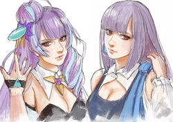  2girls absurdres breasts cleavage crossover detached_collar gundam gundam_zz hair_bun hand_in_own_hair highres looking_to_the_side macross macross_delta medium_breasts mikumo_guynemer multiple_girls nekkikamille photoshop_(medium) purple_hair red_eyes roux_louka single_hair_bun walkure_(macross_delta) white_background 