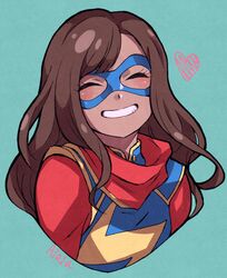  animification bodysuit brown_hair closed_eyes commentary dark-skinned_female dark_skin domino_mask female grin heart highres kamala_khan long_hair marvel marvel_cinematic_universe mask ms._marvel ms._marvel_(disney+) red_scarf scarf smile solo superhero_costume sushi_pizza_rrr upper_body 