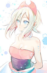  arms_behind_back bare_shoulders blonde_hair blue_eyes breasts cleavage collarbone commentary_request female hair_between_eyes headdress highres irida_(pokemon) jewelry medium_breasts neck_ring pokemon pokemon_legends:_arceus shirt short_hair solo strapless strapless_shirt upper_body white_background yue_(lov_n_n) 