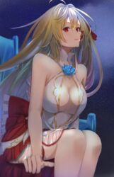  ahoge aliceliese_lou_nebulis_ix bare_arms bare_shoulders blonde_hair blue_flower breasts center_opening cleavage commentary_request dress dress_flower feet_out_of_frame female flower hair_between_eyes highres innerboob kimi_to_boku_no_saigo_no_senjou_arui_wa_sekai_ga_hajimaru_seisen large_breasts long_hair looking_at_viewer night night_sky parted_lips red_eyes red_ribbon ribbon shun&#039;en_(homura0620alicia) sitting sky sleeveless smile solo star_(sky) starry_sky 