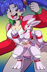  3_toes 4_fingers alice_the_rabbit anthro bare_shoulders big_breasts bloody_roar blue_hair bottomwear breasts buckteeth cleavage clothed clothing cotton_tail curvy_figure digital_media_(artwork) duo eyelashes feet female fingers fur gesture grepstrash hair hand_gesture hi_res hotpants human konami lagomorph leporid long_ears looking_at_viewer mammal open_mouth overalls pink_clothing rabbit red_eyes red_sclera shorts simple_background smile teeth thick_thighs toes twintails v_sign were werelagomorph wererabbit white_body white_fur wide_hips 