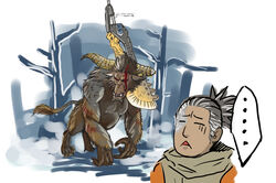  ... 1boy blood broken_horn closed_eyes commentary_request cosplay crossover day gloom_(expression) greatsword grey_hair guardian_ape guardian_ape_(cosplay) horns injury monster_hunter_(series) outdoors rajang scar sd1988122 sekiro sekiro:_shadows_die_twice sword weapon 