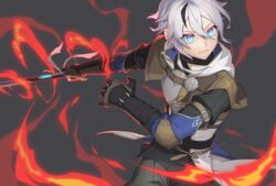  1boy adventurer_ras armor belt bis black_belt blue_eyes clenched_teeth epic_seven fire gloves grey_background highres holding holding_sword holding_weapon male_focus rass_elclare red_pupils simple_background solo sword teeth weapon white_hair 