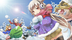  4girls ahoge alternate_costume azur_lane black_legwear blonde_hair blowing_bubbles blue_sky boots chewing_gum cleveland_(azur_lane) columbia_(azur_lane) commentary day denver_(azur_lane) earmuffs goggles goggles_on_head highres jacket looking_at_another looking_at_viewer mittens montpelier_(azur_lane) mountain multiple_girls outdoors photoshop_(medium) platinum_blonde_hair red_eyes scarf sky snow snowball snowball_fight sterwara striped_clothes striped_thighhighs sunlight sweater thighhighs tree 