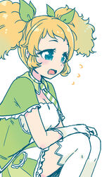  aikatsu! aikatsu!_(series) arm_rest arms_on_knees blonde_hair blue_eyes blush bow breasts cleavage close-up female flying_sweatdrops frilled_skirt frills from_side gradient_hair green_bow green_hair green_jacket green_skirt green_theme hairbow idol jacket knees_up large_breasts looking_to_the_side mizuki_maya multicolored_hair necktie open_mouth pleated_skirt saegusa_kii sigh simple_background sitting skirt solo striped_clothes striped_necktie striped_skirt thighhighs wavy_mouth white_background white_stripes 