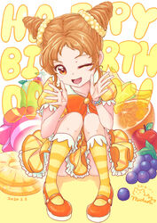  ;d aikatsu! aikatsu!_(series) apple arisugawa_otome banana birthday bow bowtie bracelet candy commentary dated double_bun dress english_text female food foreshortening frilled_dress frills fruit grapes hair_bun hair_ornament hair_scrunchie happy_birthday idol jewelry knees_together_feet_apart knees_up loafers mizuki_maya multicolored_background one_eye_closed open_mouth orange_(fruit) orange_bow orange_bowtie orange_eyes orange_hair oversized_food oversized_object pineapple pineapple_slice plaid plaid_dress puffy_short_sleeves puffy_sleeves scrunchie shoes short_sleeves signature sitting smile socks solo striped_clothes striped_socks two-tone_background waving white_background wrapped_candy yellow_background yellow_dress yellow_legwear yellow_scrunchie 