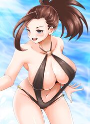  adahcm bare_shoulders black_slingshot_swimsuit blush boku_no_hero_academia breasts brown_hair collarbone commentary_request cowboy_shot female grey_eyes hair_pulled_back half-closed_eyes high_ponytail highres huge_breasts leaning_forward long_hair looking_to_the_side navel o-ring o-ring_swimsuit o-ring_top open_mouth ponytail slingshot_swimsuit smile solo swimsuit teeth thighs tongue upper_teeth_only yaoyorozu_momo 