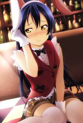  animal_ears bad_id bad_twitter_id between_legs black_bow black_bowtie blue_hair blush bow bowtie commentary_request earrings embarrassed fake_animal_ears female gloves hair_between_eyes hand_between_legs hand_on_headwear highres jewelry korekara_no_someday long_hair love_live! love_live!_school_idol_project puffy_shorts rabbit_ears reno_0901 shorts sitting solo sonoda_umi thighhighs wariza white_gloves white_thighhighs yellow_eyes 