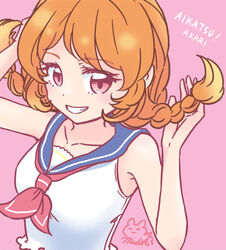  aikatsu! aikatsu!_(series) arm_behind_head armpit_crease bare_arms bare_shoulders blouse blue_sailor_collar braid character_name close-up copyright_name crop_top cropped_torso dated female grin hands_up holding holding_own_hair long_hair looking_at_viewer mizuki_maya neckerchief open_mouth orange_hair ozora_akari pink_background pink_eyes red_neckerchief sailor_collar shirt sideways_glance signature simple_background sleeveless sleeveless_shirt smile solo teeth twin_braids upper_body white_shirt white_stripes 