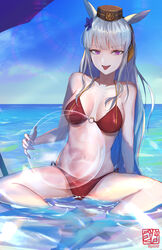  :d animal_ears ass ball beachball bikini blush breasts female godsh0t gold_ship_(umamusume) grey_hair hat highres horse_ears horse_girl indian_style long_hair looking_at_viewer navel ocean open_mouth outdoors parasol purple_eyes red_bikini see-through sitting smile solo swimsuit tongue tongue_out umamusume umbrella very_long_hair wading 