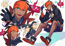  2boys black_hoodie blue_shirt blue_shorts brown_hair clenched_teeth closed_eyes closed_mouth collared_shirt commentary dark-skinned_male dark_skin dynamax_band earrings female flying_sweatdrops gloves green_eyes grin gym_trainer_(pokemon) hand_up holding holding_poke_ball hood hood_down hoodie jewelry knees looking_at_viewer misica multiple_boys musical_note open_mouth orange_headwear partially_fingerless_gloves poke_ball pokemon pokemon_(creature) pokemon_swsh protected_link raihan_(pokemon) rotom rotom_phone shirt shoes shorts side_slit side_slit_shorts single_glove sitting smile spoken_musical_note star_(symbol) teeth tongue translation_request ultra_ball undercut 