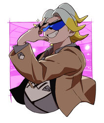  1boy adjusting_eyewear black-framed_eyewear blue-tinted_eyewear brown_jacket collared_shirt commentary_request gordie_(pokemon) grin hand_up jacket jewelry long_sleeves male_focus mira_(miramita8727) multicolored_hair open_clothes open_jacket pokemon pokemon_swsh ring shirt smile solo sparkle sunglasses tinted_eyewear two-tone_hair upper_body 