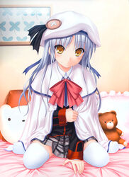  absurdres angel_beats! bedroom black_jacket black_ribbon blush bow bowtie cape capelet closed_mouth cosplay female grey_hair grey_skirt hair_between_eyes hat hat_ribbon highres indoors jacket kud_wafter little_busters! little_busters!_school_uniform long_hair long_sleeves looking_at_viewer miniskirt na-ga noumi_kudryavka noumi_kudryavka_(cosplay) official_art on_bed photoshop_(medium) plaid plaid_skirt pleated_skirt red_bow red_bowtie ribbon school_uniform sitting skirt solo stuffed_animal stuffed_toy tachibana_kanade teddy_bear thighhighs wariza white_cape white_capelet white_hat white_thighhighs yellow_eyes zettai_ryouiki 