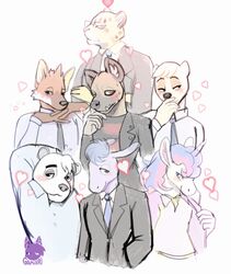  aggretsuko anai_(aggretsuko) animated anthro asinus badger bear blush canid canine clothed clothing donkey equid equine eyewear felid fur gamibri glasses group haida_(aggretsuko) hair hyena hyoudou japanese_badger leopard looking_at_viewer male mammal maned_wolf meles multicolored_hair mustelid musteline necktie ookami_(aggretsuko) pantherine polar_bear sanrio seiya_(aggretsuko) shirota_(aggretsuko) short_playtime smile spotted_hyena tadano_(aggretsuko) two_tone_hair ursine white_body white_fur 