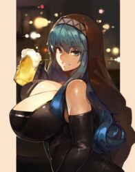  alcohol bare_shoulders beer black_gloves blue_hair breasts cleavage elbow_gloves female gloves gradient_hair green_eyes green_hair grin harusame-r highres hood huge_breasts long_hair looking_at_viewer multicolored_hair original smile solo 