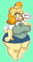  animal_crossing anthro belly big_breasts blonde_hair blush bottomwear breasts canid canine canis clothed clothing domestic_dog female fully_clothed furgonomics green_background hair hi_res huge_thighs isabelle_(animal_crossing) lewd_dorky mammal monotone_bottomwear monotone_clothing monotone_skirt nintendo open_mouth open_smile overweight overweight_anthro overweight_female pencil_skirt shirt short_stack simple_background skirt slightly_chubby slightly_chubby_anthro slightly_chubby_female smile solo tail tail_through_skirt thick_calves thick_thighs topwear wide_hips yellow_body 