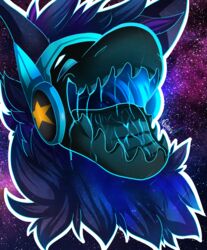  2019 absurd_res ambiguous_gender anthro chest_tuft digital_media_(artwork) electronics english_text galaxy headphones headshot_portrait hi_res machine mane mouth_shot naahva open_mouth portrait protogen solo text tongue tuft tufted_ears universe 