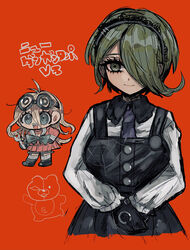  2girls :d ahoge antenna_hair bad_id bad_pixiv_id blonde_hair blue_eyes breasts chibi choker closed_mouth commentary crossed_arms danganronpa_(series) danganronpa_v3:_killing_harmony dress gloves goggles goggles_on_head green_eyes green_hair hair_over_one_eye highres iruma_miu kara_aren long_hair long_sleeves looking_at_viewer maid monokuma multiple_girls necktie open_mouth orange_background pinafore_dress pink_skirt red_background school_uniform short_hair simple_background skirt sleeveless sleeveless_dress smile teeth tojo_kirumi translated upper_body upper_teeth_only 