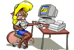  1993 3_toes 4_fingers aliasing amiga_(computer) amiga_family amy_the_squirrel anthro artist_name barefoot blonde_hair blue_clothing bottomwear brown_body brown_fur brown_nose clothed clothing commodore_international computer computer_keyboard computer_mouse countershade_face countershade_tail countershading crt desk digital_media_(artwork) dithering electronics english_text eric_schwartz eyeshadow feet female female_anthro fingers fully_clothed fur furniture grey_eyeshadow hair hat headgear headwear keyboard makeup mammal monitor plantigrade rodent sciurid shirt simple_background sitting skirt smile solo table tail tan_body tan_fur text toes topwear tree_squirrel white_background white_clothing 