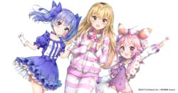  3girls :3 :d arm_up blonde_hair blue_bow blue_dress blue_eyes blue_hair blush bow brown_eyes center_frills closed_mouth collarbone commentary_request company_name copyright_notice dmm dress facial_mark frills girl_sandwich gloves hairbow headphones headphones_around_neck holding ienaga_mugi ienaga_mugi_(1st_costume) jacket kuria_(clear_trip_second) long_hair long_sleeves multiple_girls nijisanji official_art open_mouth pants pink_hair puffy_short_sleeves puffy_sleeves red_eyes sandwiched short_sleeves simple_background sleeves_past_wrists smile star_(symbol) striped_clothes striped_jacket striped_pants twintails ushimi_ichigo ushimi_ichigo_(1st_costume) very_long_hair virtual_youtuber white_background white_gloves yuuki_chihiro yuuki_chihiro_(1st_costume) 