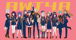  6+girls ahoge alternate_height animal_ears animal_on_head ankle_boots armor arms_at_sides atsu_toushirou_(tenka_hyakken) atsushi_toushirou atsushi_toushirou_(cosplay) belt black_gloves black_hair black_necktie blonde_hair blue_coat blue_eyes blue_hair boots braid brown_hair buttons cat_ears clenched_hands closed_mouth clothes_around_waist coat commentary cosplay crossover double-breasted eyepatch fox_ears french_braid frilled_skirt frilled_sleeves frills gloves gokotai gokotai_(cosplay) gokotai_yoshimitsu gotou_toushirou_(tenka_hyakken) gotou_toushirou_(touken_ranbu) gotou_toushirou_(touken_ranbu)_(cosplay) green_eyes grey_hair hakata_toushirou_(tenka_hyakken) hakata_toushirou_(touken_ranbu) hakata_toushirou_(touken_ranbu)_(cosplay) hand_on_own_hip hand_up hands_on_another&#039;s_shoulders hat highres honebami_toushirou honebami_toushirou_(cosplay) honebami_toushirou_(tenka_hyakken) ichigo_hitofuri ichigo_hitofuri_(cosplay) ichigo_hitofuri_(tenka_hyakken) index_finger_raised japanese_armor knee_boots knee_pads kneehighs kote light_blue_hair long_hair long_sleeves messy_hair midare_toushirou midare_toushirou_(cosplay) midare_toushirou_(tenka_hyakken) mouri_toushirou_(tenka_hyakken) mouri_toushirou_(touken_ranbu) mouri_toushirou_(touken_ranbu)_(cosplay) multicolored_hair multiple_girls nakigitsune nakigitsune_(cosplay) nakigitsune_(tenka_hyakken) namazuo_toushirou namazuo_toushirou_(cosplay) namazuo_toushirou_(tenka_hyakken) necktie ok_sign on_head one_eye_covered onimaru_kunitsuna_(tenka_hyakken) onimaru_kunitsuna_(touken_ranbu) onimaru_kunitsuna_(touken_ranbu)_(cosplay) open_hand open_mouth orange_eyes orange_hair pants parody parted_lips paw_pose peaked_cap pigeon-toed platform_footwear pointing pointing_up purple_eyes purple_hair red_eyes short_hair short_sleeves shorts shoulder_armor single_knee_pad skirt sleeve_cuffs smile socks standing standing_on_one_leg tassel tenka_hyakken thighhighs tiger tiger_cub touken_ranbu twintails two-tone_hair two_side_up ueshita_sayusayu v_arms white_gloves white_hair white_tiger yellow_eyes 