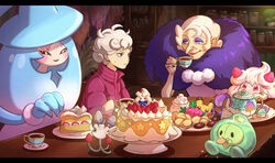  1boy ahoge alcremie alcremie_(strawberry_sweet) bede_(pokemon) cake closed_mouth coat commentary_request cup curly_hair dress duosion eye_contact eyeshadow female food fork fruit hat hatterene holding holding_cup holding_fork indoors looking_at_another makeup misica morelull old old_woman opal_(pokemon) plate pokemon pokemon_(creature) pokemon_swsh popped_collar protected_link purple_coat purple_eyeshadow purple_scarf scarf short_hair sinistea smile strawberry sweatdrop table white_hair 