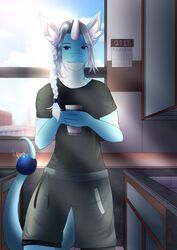  2020 absurd_res anthro anthrofied braided_hair clothed clothing digital_media_(artwork) dragonair generation_1_pokemon hair hi_res holding_object inside kitchen long_hair looking_at_viewer male naahva nintendo pokemon pokemon_(species) pokemorph smile solo standing 