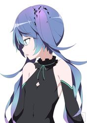  aqua_eyes armpit_crease bare_shoulders black_dress black_sleeves blue_hair cleavage_cutout clothing_cutout collar commentary detached_sleeves dress female flat_chest frilled_collar frills ghost_rule_(vocaloid) giryu gradient_hair hatsune_miku highres long_hair looking_away looking_to_the_side multicolored_hair neck_ribbon open_mouth purple_hair ribbon skin_tight sleeveless sleeveless_dress solo striped striped_ribbon twintails upper_body very_long_hair vocaloid 