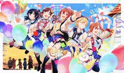  5girls ;d ^_^ ^o^ amusement_park arisugawa_natsuha bad_id bad_pixiv_id balloon blue_sky bow bowtie closed_eyes cloud confetti ferris_wheel grin highres holding_hands houkago_climax_girls_(idolmaster) idol idolmaster idolmaster_shiny_colors jacket jumping komiya_kaho looking_at_viewer morino_rinze multiple_girls nail_polish one_eye_closed plaid plaid_skirt pleated_skirt pointing saijo_juri skirt sky smile sonoda_chiyoko striped_clothes striped_jacket stuffed_animal stuffed_dog stuffed_rabbit stuffed_toy sunset taki_(tkai40) 