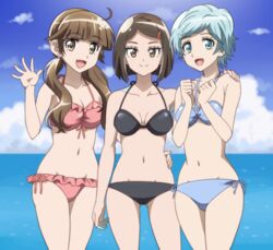  3girls :d anime_coloring arm_around_back bikini black_bikini blue_bikini blue_eyes blue_sky blunt_bangs breasts brown_eyes clenched_hand cloud commentary_request day frilled_bikini frills hair_ornament hairclip hand_on_another&#039;s_shoulder hand_up hands_up houkago_saikoro_club looking_at_viewer medium_breasts multiple_girls navel onomekaman oono_midori open_mouth outdoors pink_bikini short_hair side-tie_bikini_bottom sky smile standing swimsuit takayashiki_aya takekasa_miki twintails water 