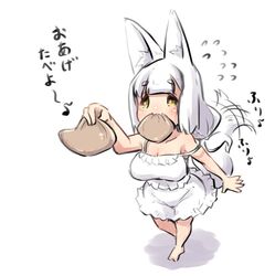  :3 aburaage afterimage animal_ear_fluff animal_ears arm_up bad_id bad_pixiv_id bare_arms bare_shoulders blush breasts cleavage closed_mouth collarbone dress female flying_sweatdrops food food_in_mouth fox_ears fox_girl fox_tail frilled_dress frills holding holding_food large_breasts long_hair mouth_hold original shadow sleeveless sleeveless_dress solo standing strap_slip tail tail_wagging translated u-non_(annon&#039;an) very_long_hair white_dress white_hair yellow_eyes 