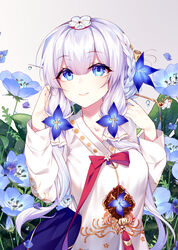  absurdres azur_lane blue_eyes blue_flower braid breasts chima_(clothes) chogori crown_braid female flower gomusin hair_flower hair_ornament hanbok hand_in_own_hair highres illustrious_(azur_lane) illustrious_(resplendent_hibiscus)_(azur_lane) korean_clothes large_breasts long_hair nemophila_(flower) official_alternate_costume shiro_kanae solo upper_body white_hair 