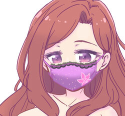  aikatsu!_(series) aikatsu_stars! asymmetrical_bangs bare_shoulders brown_hair collarbone covered_mouth female floral_print hair_over_shoulder half-closed_eyes kasumi_yozora long_hair looking_down mask mizuki_maya mouth_mask nude portrait print_mask purple_eyes simple_background solo wavy_hair white_background 