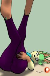  anthro ass barefoot blue_clothing blue_shirt blue_topwear brown_feet brown_hands clothed clothing dipstick_ears dipstick_limbs ear_markings eeveelution erect_nipples erect_nipples_under_clothes feet female generation_4_pokemon green_ears green_hair hair hand_on_leg hand_on_thigh how-about inner_ear_fluff leaf leaf_hair leafeon leg_grab leggings legwear looking_at_viewer lying multicolored_ears nintendo nipples no_bra on_back plant plant_hair pokemon pokemon_(species) pose presenting presenting_hindquarters pseudo_hair purple_clothing purple_leggings purple_legwear rayda_(how-about) relaxed_expression relaxing shirt solo suggestive thigh_grab tights topwear tuft yellow_body 